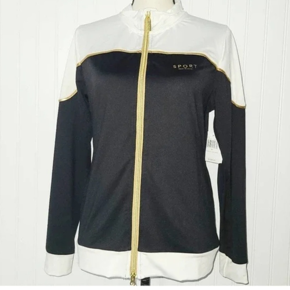 ISAAC MIZRAHI Polyester black white Stand Collar Zip-up Sport Jacket - Small